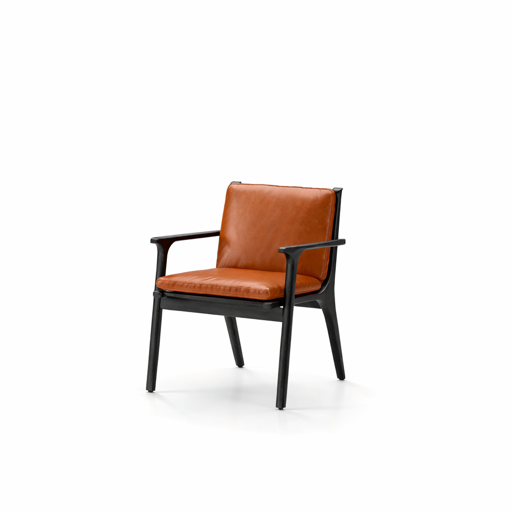 Rén spisebordsstol med armlæn, onyx eg, hynder m. cognac læder - Jacobsen Plus