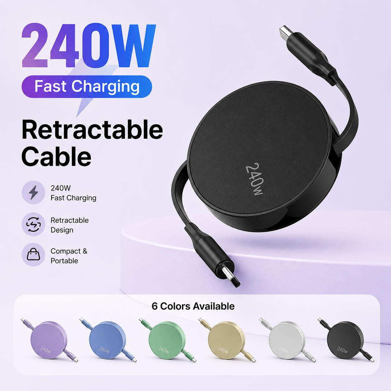 Retractable 240W PD USB C Cable to Type C Cable For MacBook iPad Fast Charger Cable for iPhone 15 Plus Pro Max Charger Data Wire