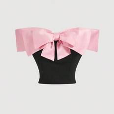 Big Front Bow Embellished Contrast Color Party Top, One Shoulder Top For Date, Party, Vacation, Afternoon Tea, Födelsedagskläder, Alla hjärtans dag, D - Svart - L,M,S,XS