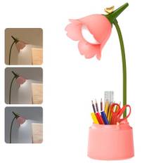 Dimbar LED-skrivbord för barn – 3 färgtemperaturer, USB-uppladdningsbar, touchsensor och flexibel arm, bord med pennhållare – ögonvänlig lä för flickor/pojkar (rosa)