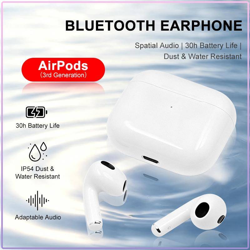 Tredje generationens AirPods 3 Bluetooth 5.0 Trådlösa Öronproppar Adaptiv EQ Dubbla Mikrofoner Svetttåligt Sportheadset Lång Batteritid Auto Pop-up Hö