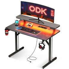 ODK Gaming Bord, litet skrivbord med LED-lampor och eluttag, spelbord med monitorhylla, kolfiber svart PC-datorbord 80cm