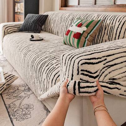 1 st tvåfärgat jacquardplush sofföverdrag för vintern, elastiskt, mjukt och varmt, husdjursvänligt, maskintvättbart, passar för 1-sits, 2-sits, 3-sits - Svart och Vitt (Singel Set,2 Sits,3 Sits,4 Sits)