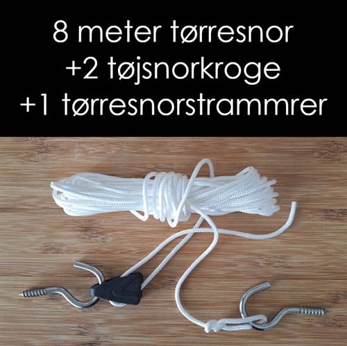 Tørresnor med udtræk. Tøjsnor med tøjsnorkroge og tørresnorstrammer med 3 mm snor