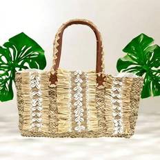 Handmade Women Beach Bag, Tote Bag With Shell & Lace Decor, Casual And Fashionable Style, Lightweight And Easy To Carry. Beach Bag, Tote Bag For Women - Natural