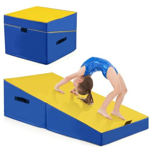 COSTWAY lutande gymnastikmatta, kilformad mjuk golvmatta, vikbar, 2-i-1 gymnastikmatta med bärhandtag, sportmatta, fitnessmatta barn för hem, gym (gul)