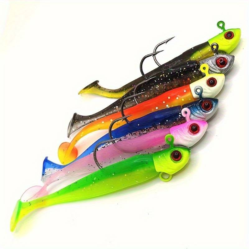 5pcs/set Long Casting Fake Bait T-tail Lure Bait, Fishing Gear Head Hook Soft Bait Long Throw Bait