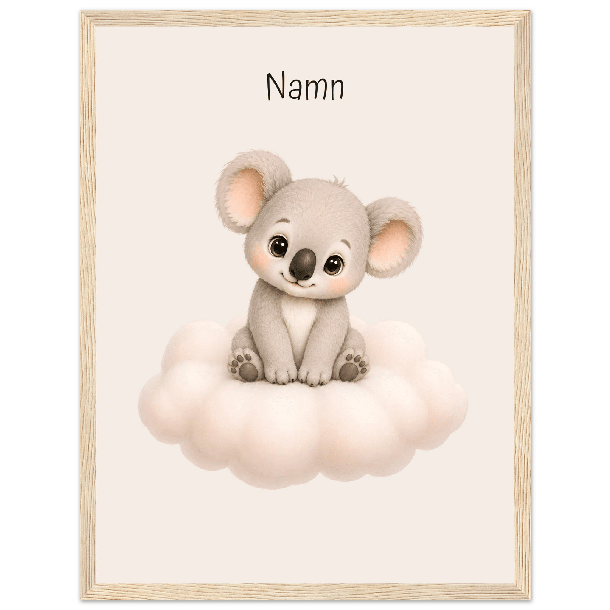 Koala på moln med namn-30x40 cm / 12x16″ / Med ram / Ljust trä