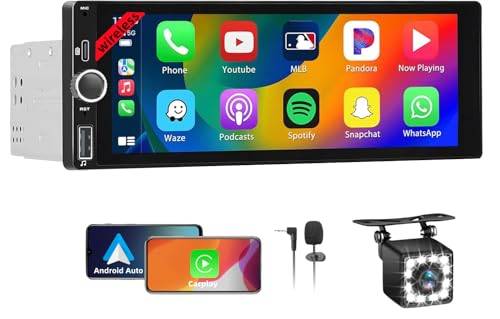 1 DIN trådlös bilradio CarPlay 1 DIN – 16,86 cm (6,86 tum) pekskärm för bil stereo bluetooth med skärm, radio 1 din bil spela, stöder spegellänk med kamera, RDS FM-radio/typ C de Recharge/Mic/SWC
