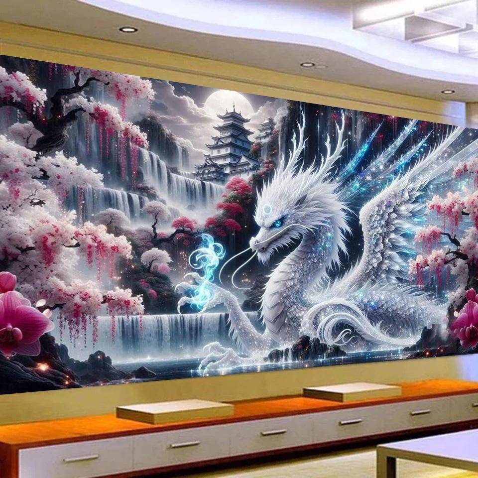 Isdrake, Fantasilandskap Vattenfall Blommor DIY 5D Diamantmålning Ny 2025 Full Mosaik Diamantbroderi Rea Stor Storlek