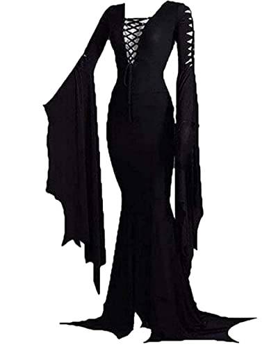 LUYANA Damen Gothic Kleid Kostüm für Halloween Karneval Party Schwarz S