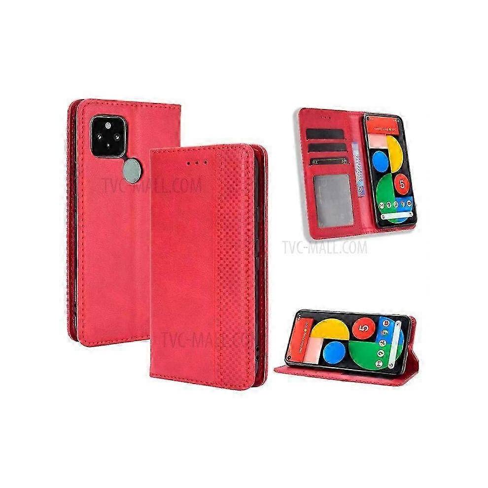 (Red) Vintage Style Magnetic PU Leather Phone Case with Wallet Stand for Google Pixel 5 - Protective Cover with Card Holder