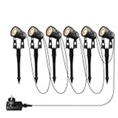6 Trädgårdsbelysning LED trädgårdstrålkastare varm vit COB LED med markspik 20 m 2100LM trädgårdslampa Trädgårdsspotlight med adaptrar för utomhus trädgård gräsmatta, 12V 20W IP65 vattentät