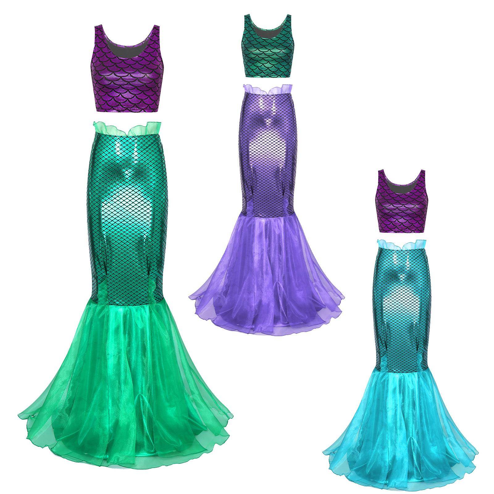 Dam Sjöjungfru Cosplay Outfit Metallisk Glänsande Fiskskalsmönstrad Kort Tanktop Ärmlös Väst Tyll Fisksvanskjol Halloweenkostym cm