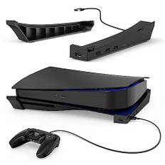 MENEEA Horizontaler Ständer für PS5 Konsole mit 4-Port USB Hub, Upgraded Zubehör Basis Halterung für Playstation 5 Disc & Digitale Editionen, 1 USB 2.0 Datenanschluss & 3 Erweiterung der Ladebuchse