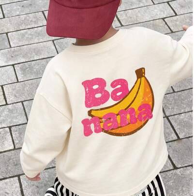 1 st långärmad topp för små pojkar i vintage distressed-stil med banan- och bokstavstryck fram och bak, dubbelsidig, söt fruktcartoon, colorblock, lös - Aprikos (6Y,7Y,8Y,9Y,4Y,5Y)