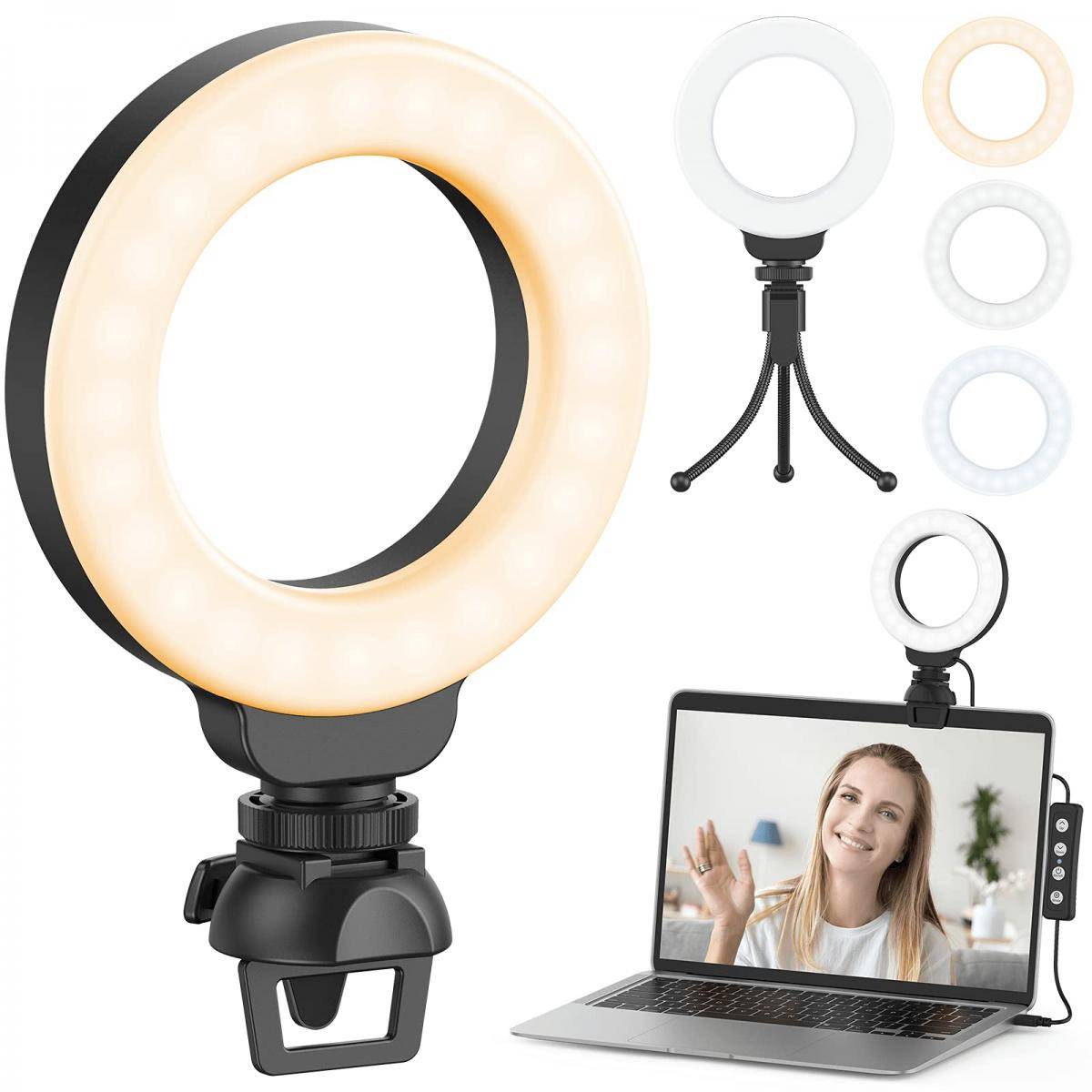 KENTFAITH 4" USB Powered Ring Multi-Functional Fill Light with Clip and Tripod Video Conference Lighting Kit for Laptops, Dual Color Temperature Adjustable, for Live Streaming, Video Recording, Makeup
