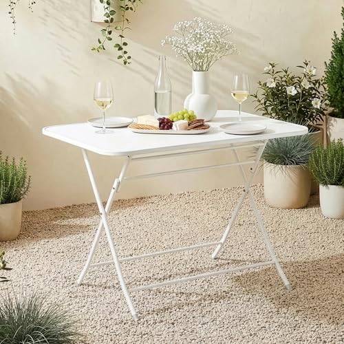 [en.casa] Trädgårdsbord Sande fällbord 110 x 70 x 71 cm balkongbord stål fällbart rektangulärt vitt utomhus sidobord vikbart
