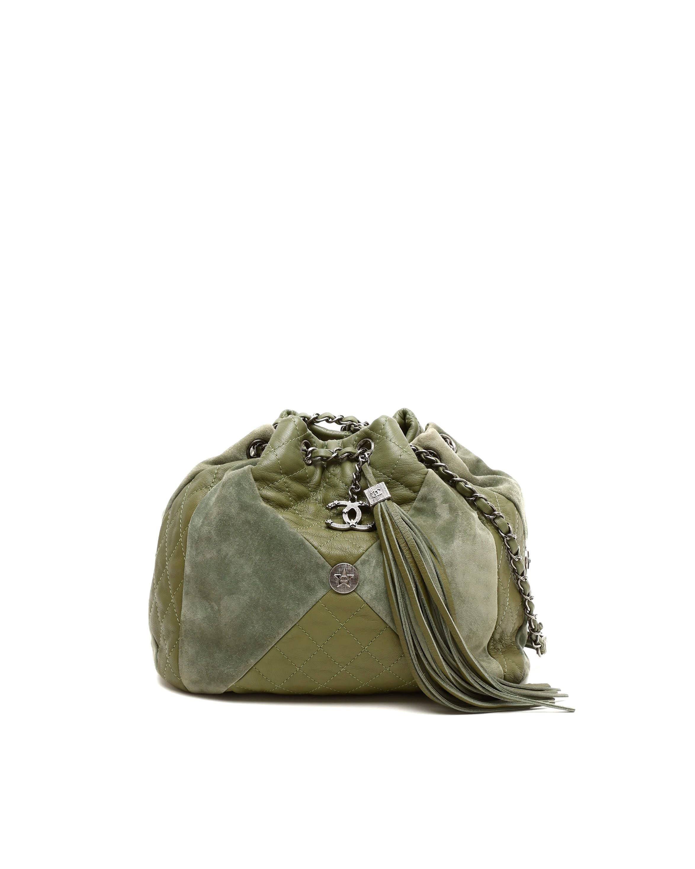 Chanel Patchwork Drawstring Bucket Bag - Green - One Size