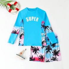 Tweed Boy Palm Tree Print Raglan Långärmad Rash Guard och Badbyxor Set - Svart (8Y,9Y,10Y,11Y,12Y)