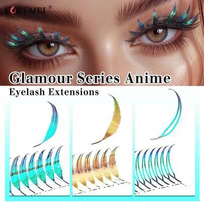 12 par anime-inspirerade färgglada gradientögonfransar, 8-15 mm, automatiskt blommande tecknade spetsiga förböjda fransar, C/D-böjning, 0,07 mm tvåfär - Multifärgad