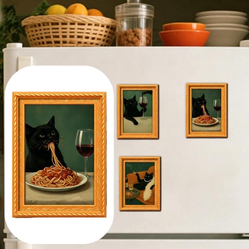 Funny Black Cat Wooden Refrigerator Magnet Mini Painting Vintage Style Black Cat Art Fridge Magnet Sticker For Home Decor Gift