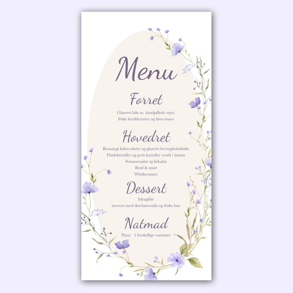 Bryllup | Menukort | Lilac Garden - 10 X 21
