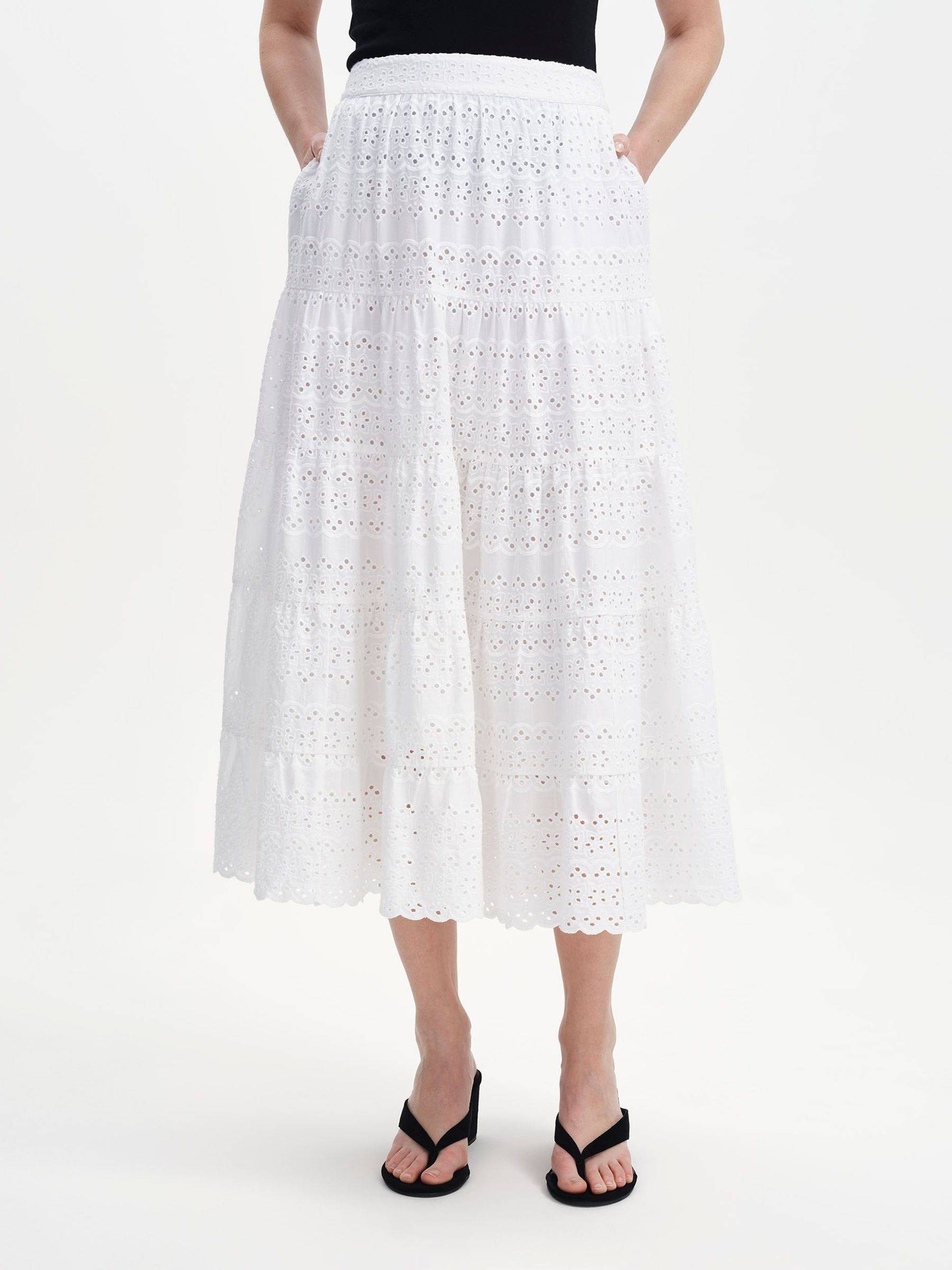 Finery Finery White Siobhan Cotton Broderie Tiered Midi Skirt - 50