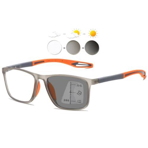 KOOSUFA Självtonande glidande läsglasögon glidande glasögon progressiv multifokus blåljusfilter fotokrom män kvinnor fjädergångjärn TR90 med UV-skydd solläsglasögon, Grå orange, 3.5
