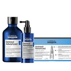 L'Oreal Profefessionnel Serioxyl Advanced Purifier & Bodifier Shampoo for thinning hair 300ml, Serioxyl Advanced Denser Hair Serum for thinning hair 90ml and Aminexil Advanced Anti-Hair Loss Programme for hair prone to falling 10x6ml Pack