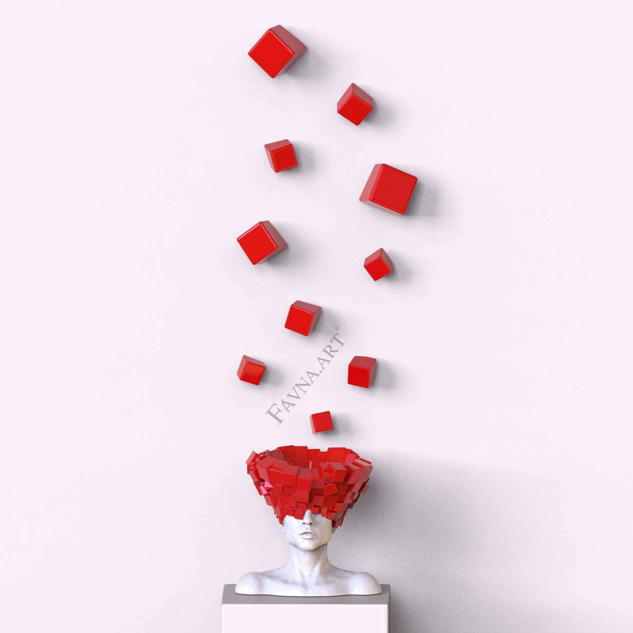 Male Wall Art Sculpture Composition “Thoughts” – Red - With 10 wall-mounted cubes