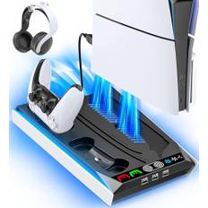 PS5 Ständer mit PS5/PS5 Slim Lüfter und Licht für Disc & Digital, PS5 Standfuß mit 3 stufige PS5 Kühler, PS5 Controller Ladestation mit 3 USB Anschlüsse für PS5 Slim Zubehör (Nicht für PS5 PRO)