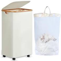 efluky Tvättkorgar med hjul 100 L, XL tvättkorg med lock med avtagbar och tvättbar innerficka, beige tvättkorg, extra stor bambu för tvättstuga, sovrum, badrum