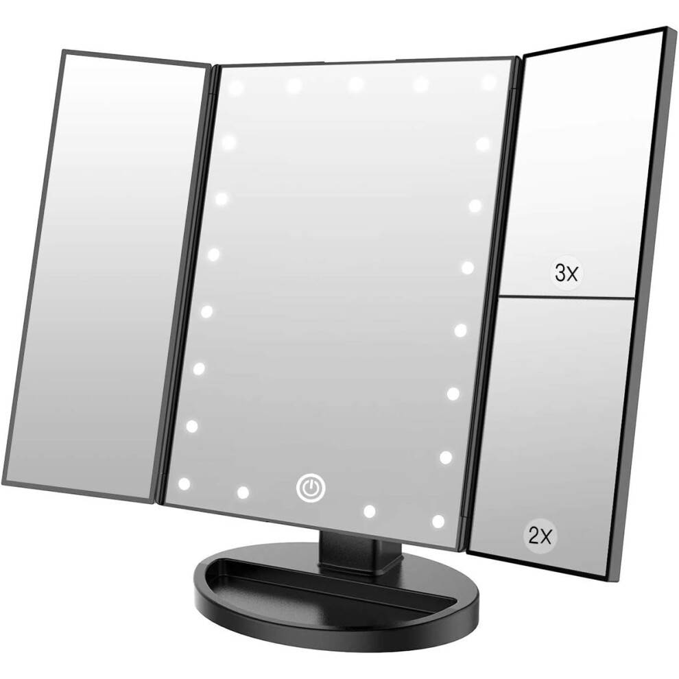 Stilfuldt oplyst makeupspejl, sort, 21 LED-pærer, 10x forstørrelse, touchskærmsbetjening, dobbelt strømforsyning for nem betjening, opgradering