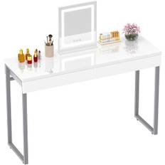 GreenForest Sminkbord utan spegel, 2 lådor Sminkbord Justerbar belysning, 100 x 40 cm Sminkbord Kontor 2 i 1, Modernt kosmetikrum med metallfötter, Vit och Silver