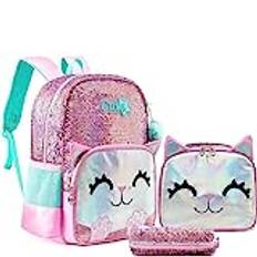 HTgroce skolryggsäck flicka tonåring skolväska skolväska set ryggsäck för flickor skola fritid med lunchväska väska och pennfodral, Rosa-panda, Ryggsäck