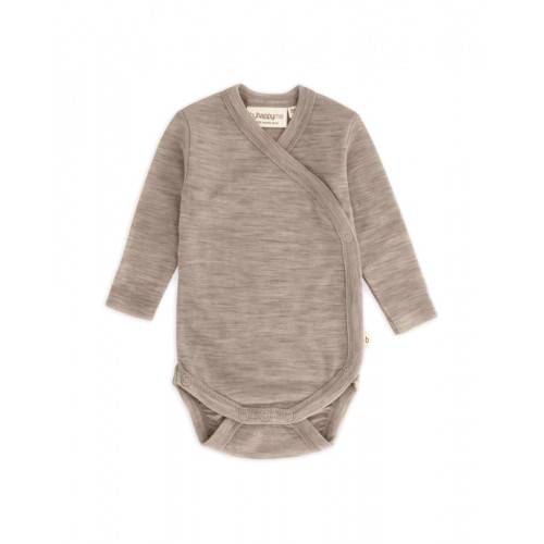 Body Med Lång Ärm Och Omlottstängning För Baby, I 100% Ekologisk Merinoull Beige Melange 74