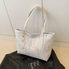Fashion Casual Rainbow Embroidered Large Capacity Campus Style Polyester Tote Bag, Portable Shoulder Bag, Handbag, Suitable For Women Shopping, Travel - White