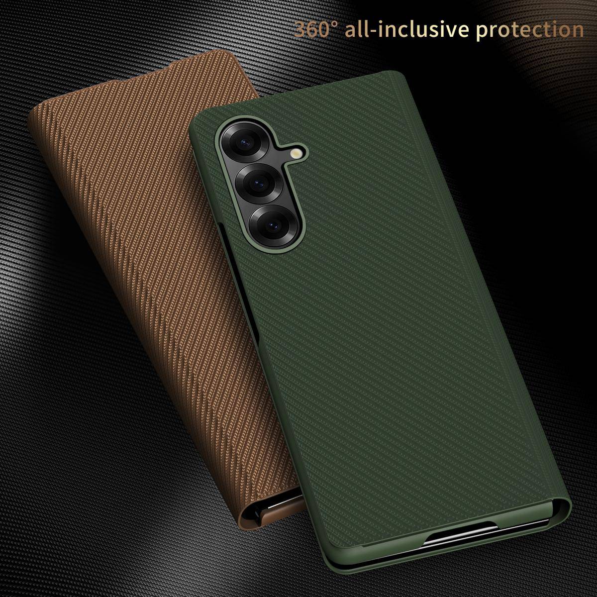Affärssnyggt Kevlar Kolfibertextur Läder Stöd Fodral Samsung Galaxy Z Fold 8 7 6 5 4 3 2 360 Heltäckande Skyddsskal