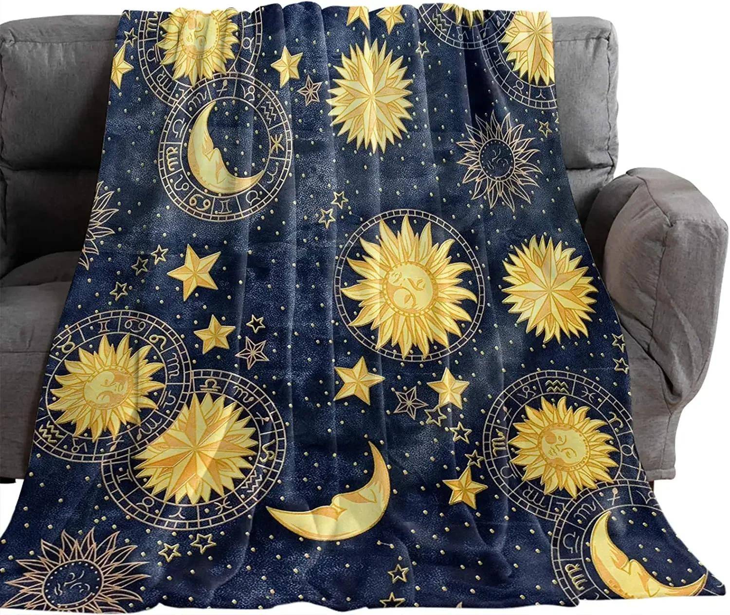 Fleeceplädar Boho Chic Gyllene Sol Måne och Stjärnor Blå Svart Himmel Antika Filtar Lättviktig Lyxpläd, Soffa Säng#(1) grå färg