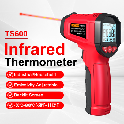 HYTAIS TS600 digital termometer, beröringsfri temperatursensor, beröringsfri infraröd termometerpistol, justerbar emissivitet, mätområde -50~600°C, ha (En-Storlek)