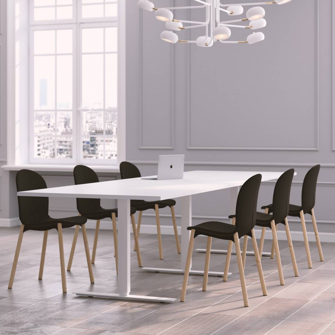 Konferencesæt Modul + Noor 6080F, Størrelse 10 pladser (320 cm), Farve på stol Sort, Farve på bord Hvid