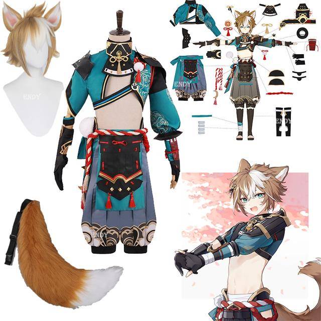 Gorou Cosplay Kostym Gorou Cosplay Kostym Män Blå Räv Pojke Kostym Halloween Byxor Svans Öron Komplett Set cm black