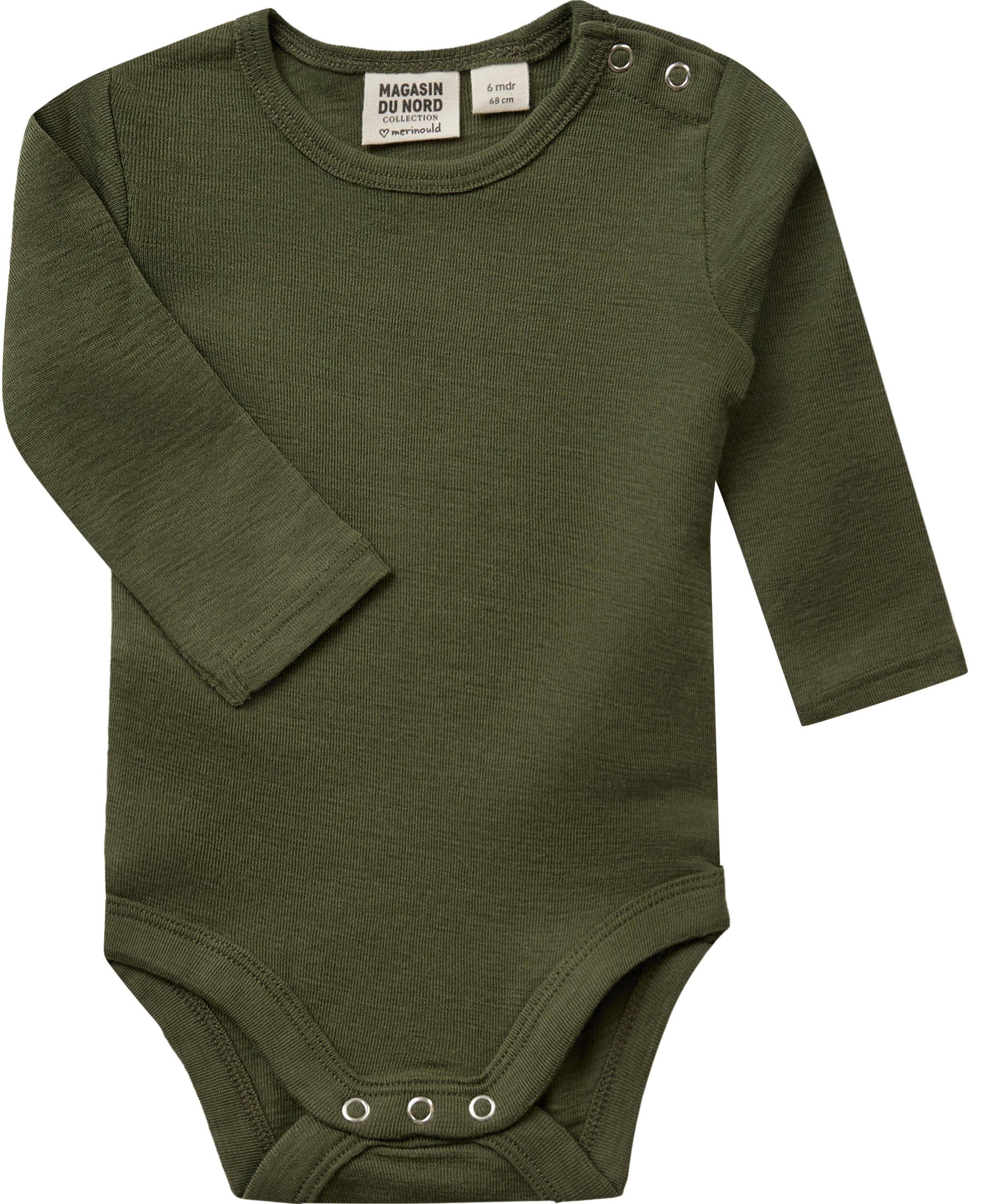 Magasin Woola 1 Body RWS Merino Wool Str 9 mdr / 74 cm Merino Winter Moss Langærmede Bodies.