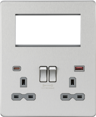 KnightsBridge Screwless Small Multimedia Combination Plate with FASTCHARGE - Brushed Chrome, Grey Insert