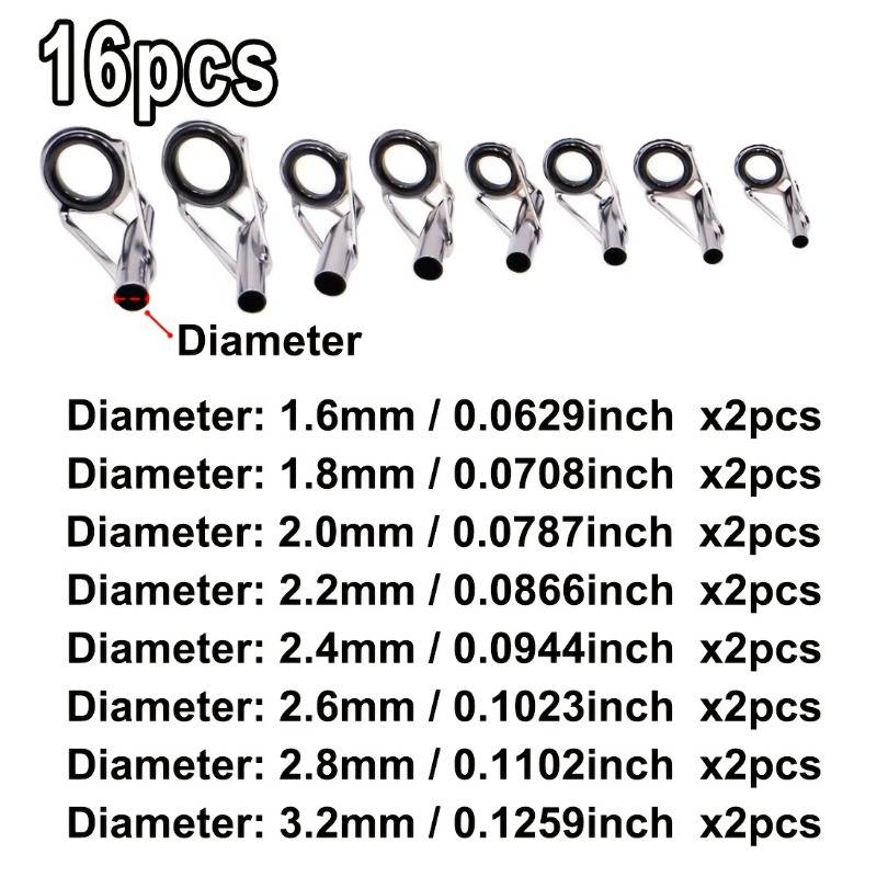 16pcs Fishing Rod Guide Set, Stainless Steel Tip Repair Rings, Ceramic Replacement Parts, Freshwater And Saltwater Universal, Mixed Sizes 1.8mm-3.2mm