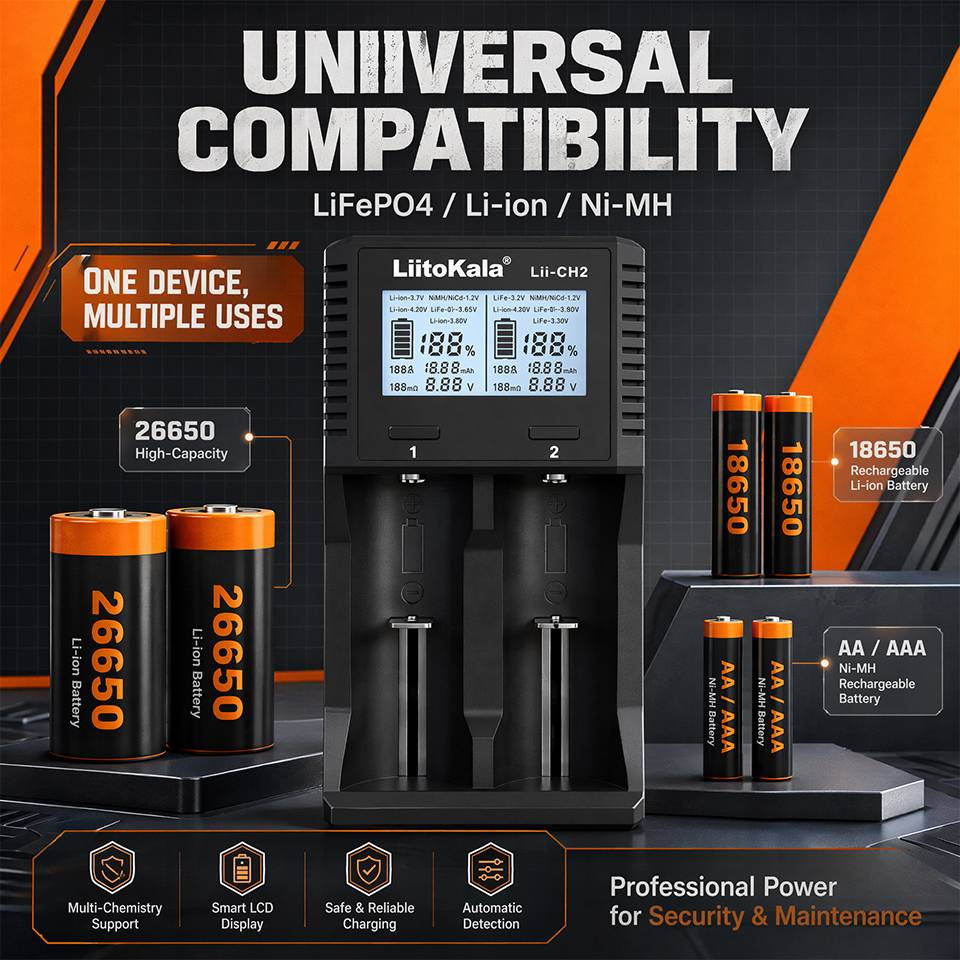 CH2 Multi-Function Smart Battery Charger, Dual-Slot LCD Display,Supports 1.5V Li-ion, 3.7V, 3.8V, LiFePO4, Ni-MH, AA, AAA, 18650