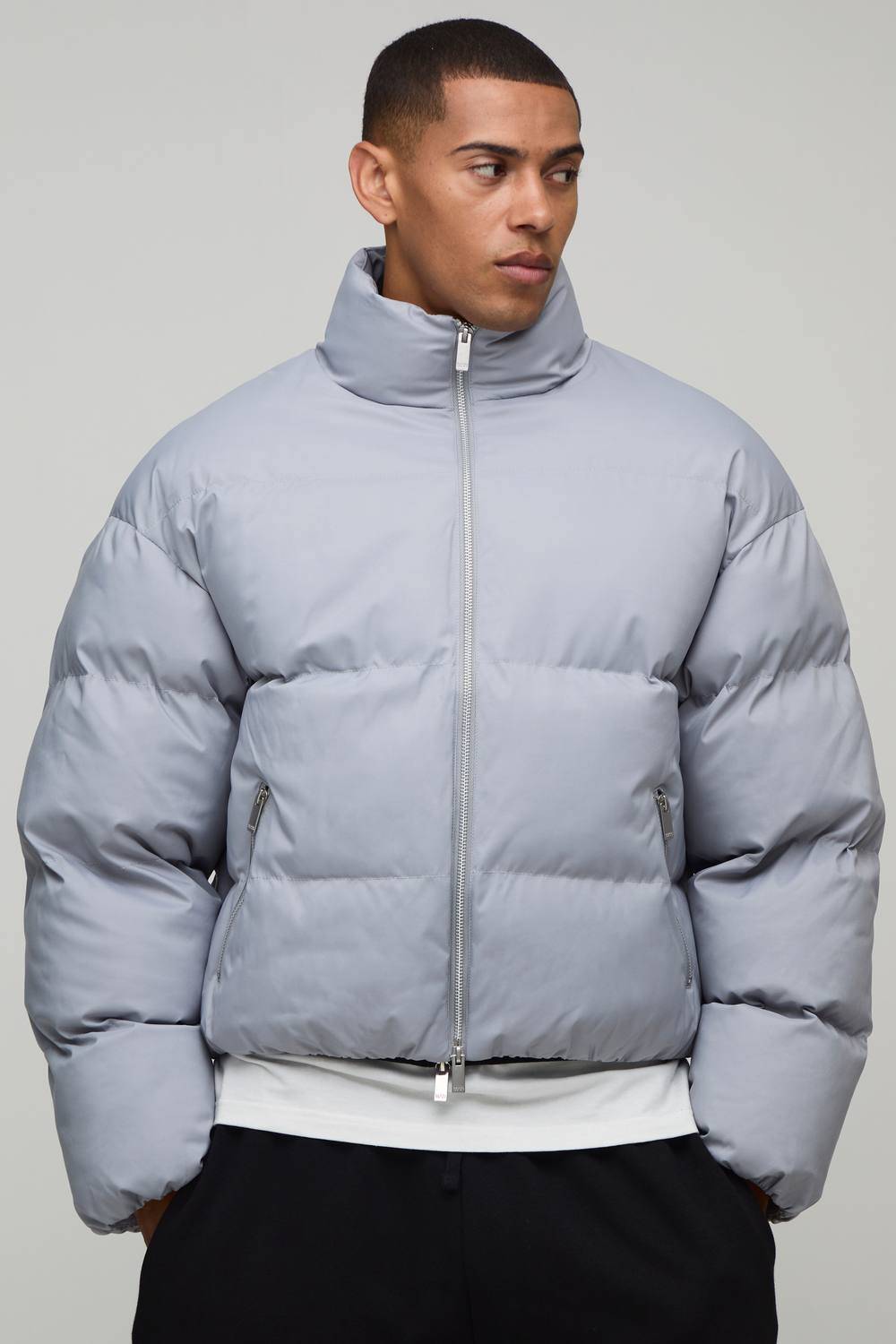 Essential Boxy Fit Midweight Padded Funnel Neck Puffer Jacket | Grey | Size Medium