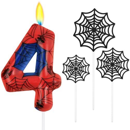 Alaoo Födelsedagsljus med 4 siffror, rött och blått födelsedagsljus, spindelljus, födelsedagsljus med spindeltema, för barn och flickor