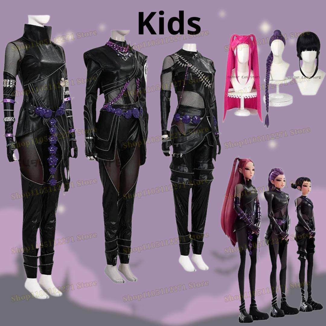 Kpop Demons Hunters Rumi Cosplay Kostym Peruk Svart Läder Stridskostym Vuxna Kvinnor Kappa Byxor Bälte Handskar Halloweenfest cm